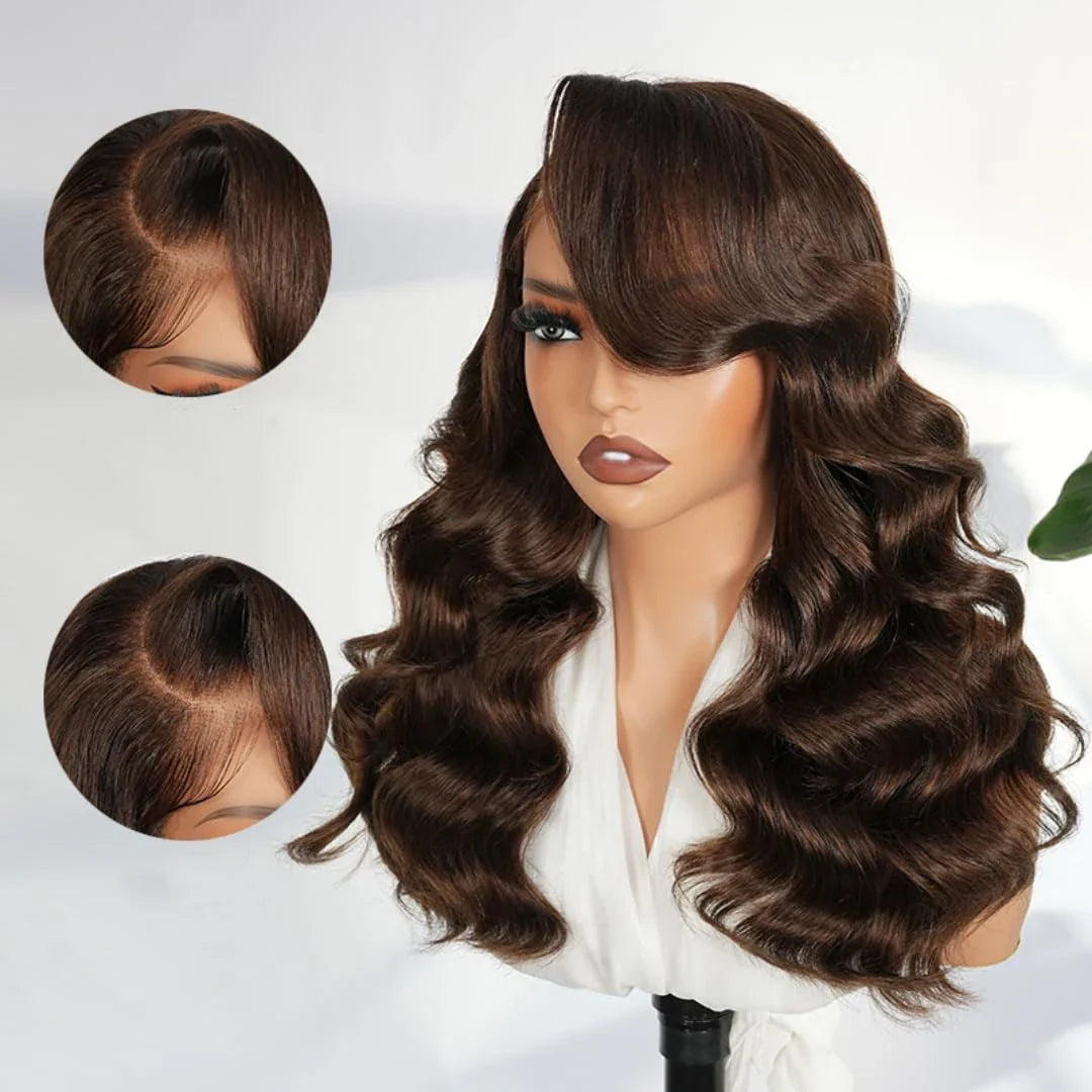 200 Density Chocolate Brown Human Hair Wig Body 13x4 Closure Transparent Lace Wig Layered Side Part Human Hair Pre Plucked Pre