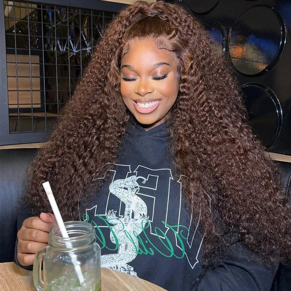 Chocolate Brown Human Hair Wig Colored Curly Human Hair Wig 30 32 Inch 13x4 Deep Wave Lace Front Wig 13x6 HD Lace Frontal Wig