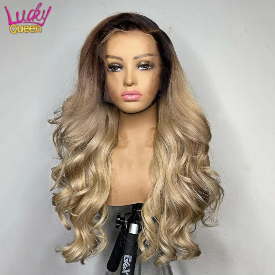 Ombre Blonde 13X4 Transparent Lace Front Human Hair Wig Brown Root Body Wave Ash Blonde 5X5 Closure Wig Pre Plucked